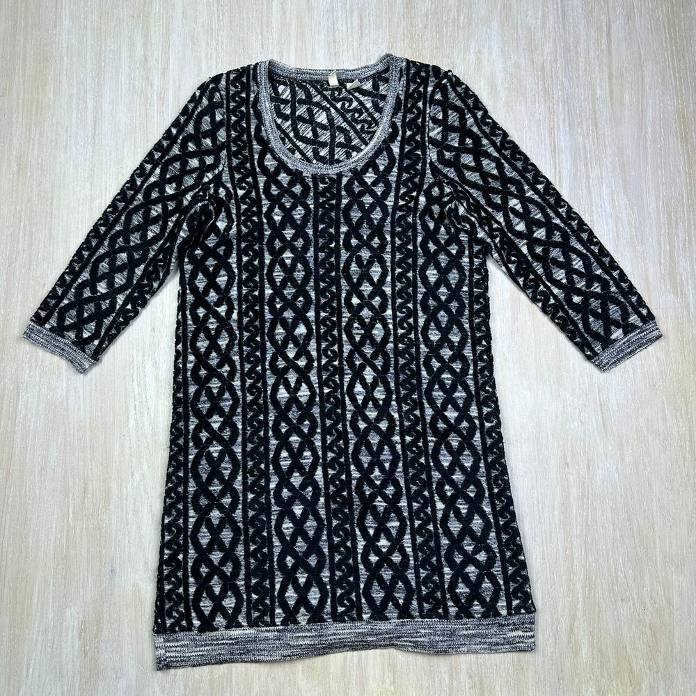 Anthropologie Moth Black Gray Textured Velvet Crew Neck Pullover Sweater Dress S